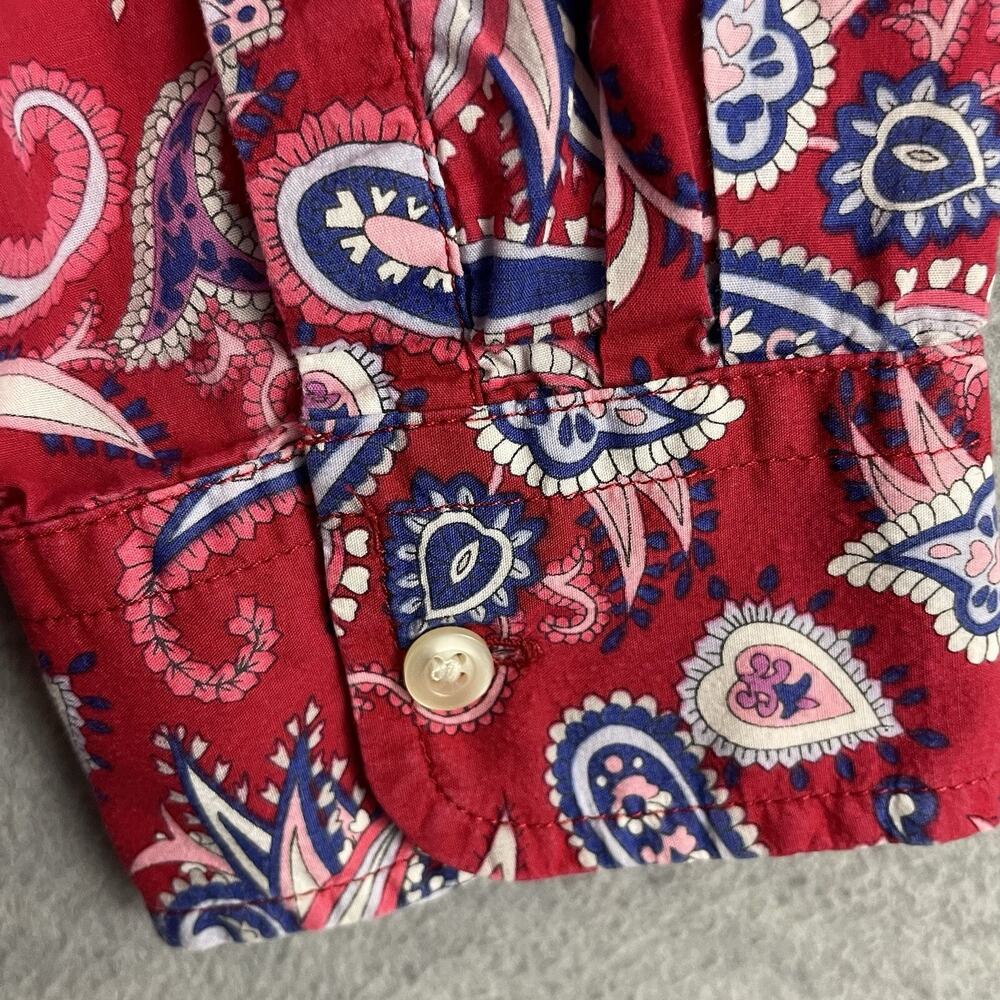 Talbots S Button Up Blouse Red Paisley Long Roll Tab Sleeves 100% Cotton Top - Picture 5 of 11